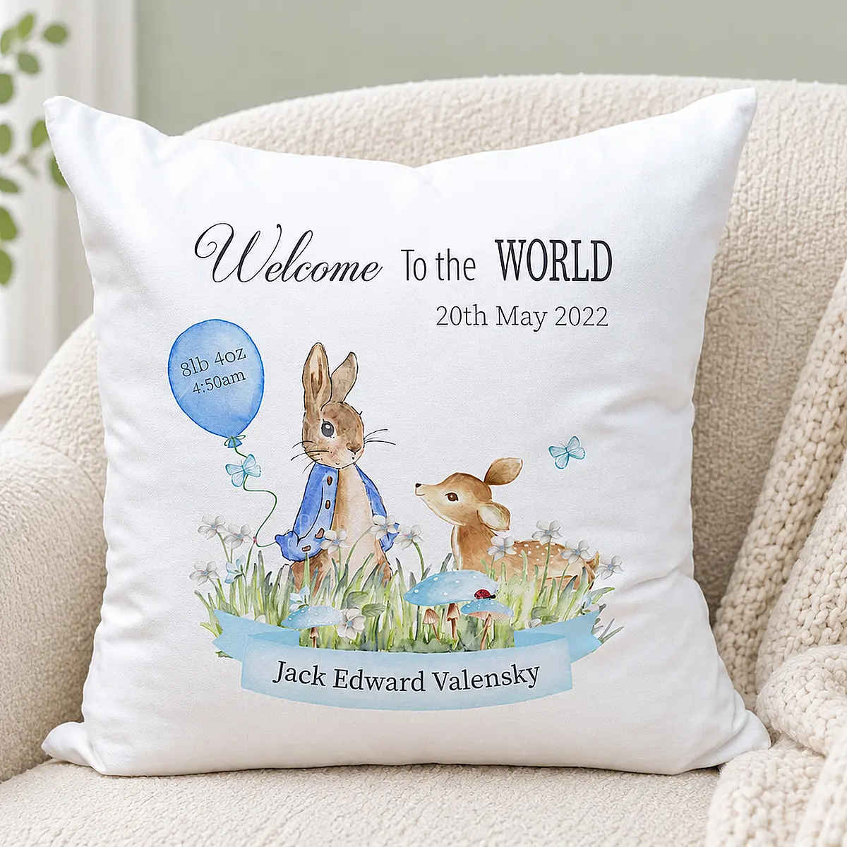 Personalised Newborn Baby Cushion – Pink or Blue Woodland