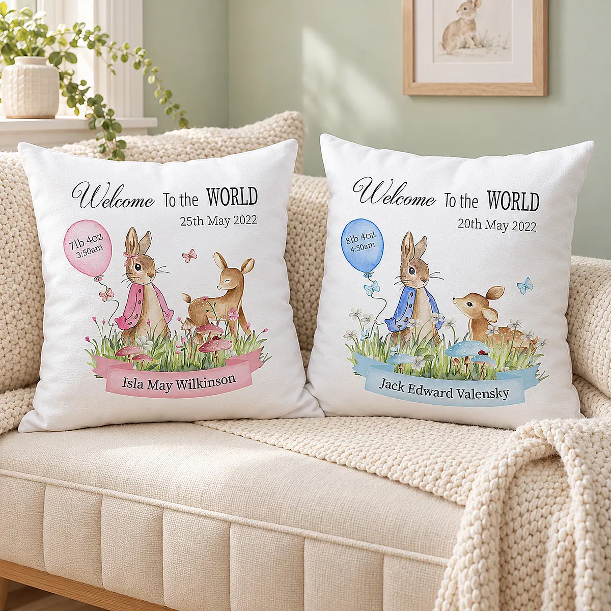 Personalised Newborn Baby Cushion – Pink or Blue Woodland