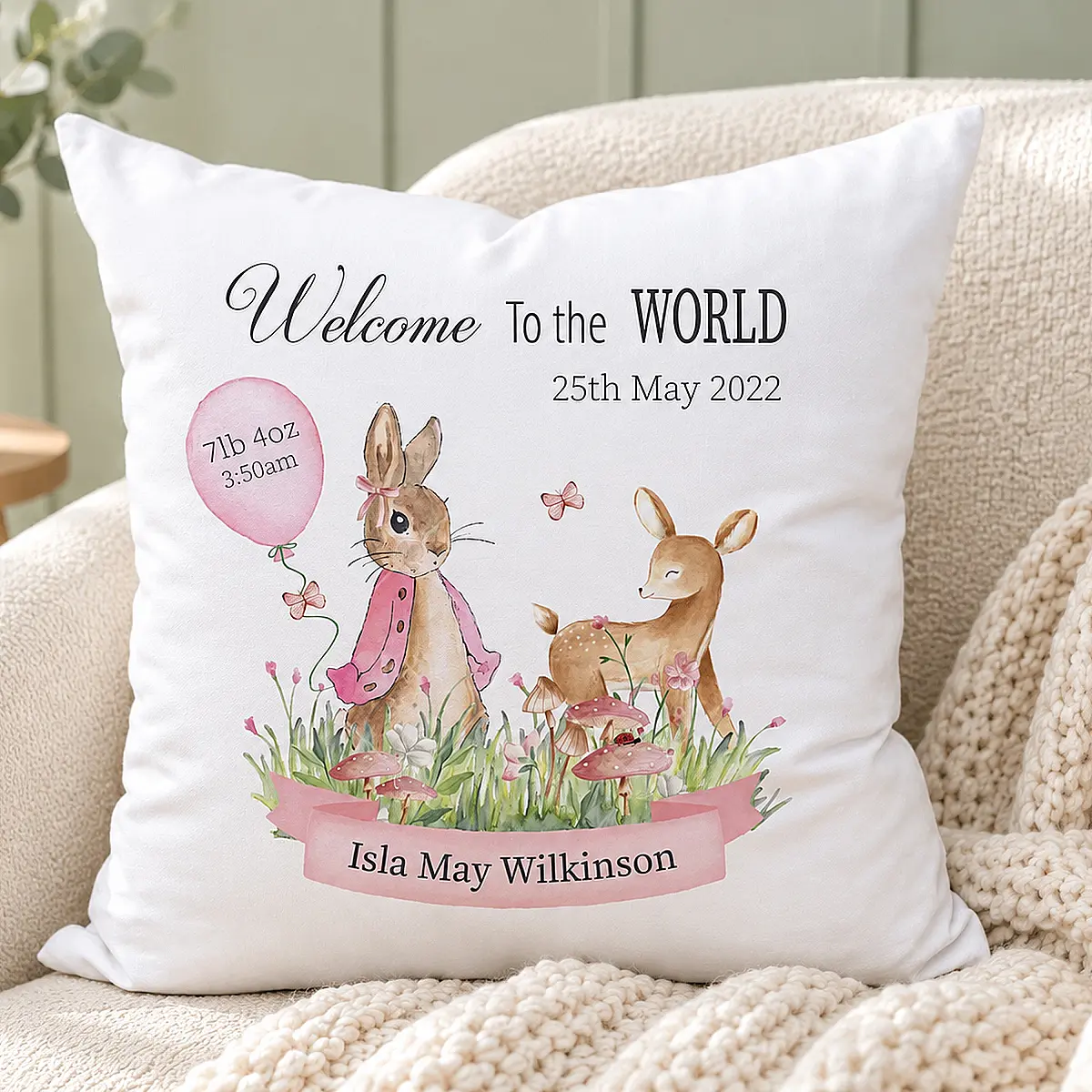 Personalised Newborn Baby Cushion – Pink or Blue Woodland