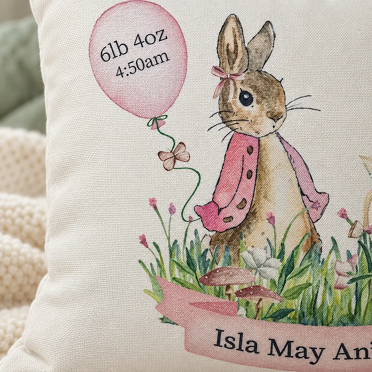 Personalised Newborn Baby Cushion – Pink or Blue Woodland