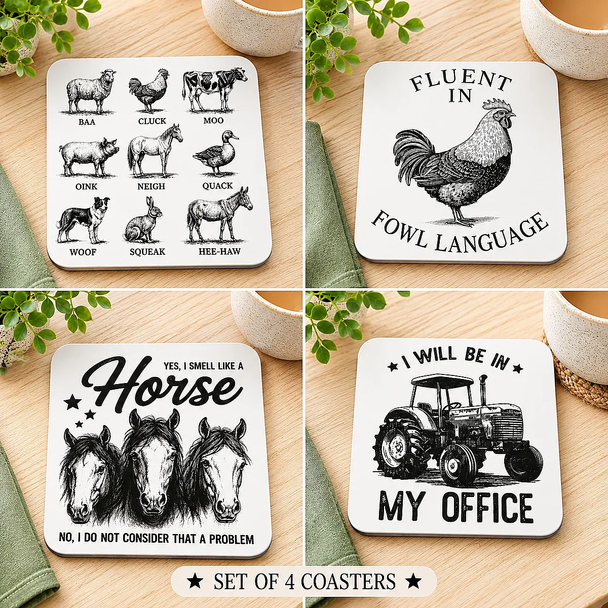 Funny Farm &amp; Country Coasters – Single or Set of 4