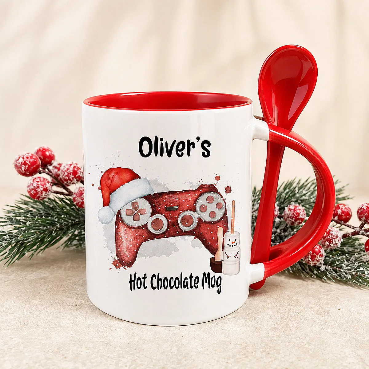 Personalised Gamer Christmas Hot Chocolate Mug with Spoon