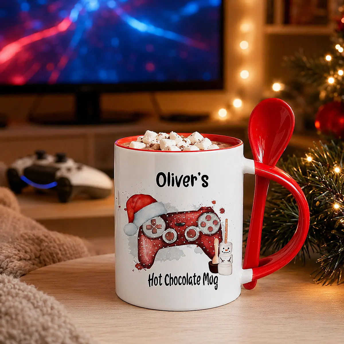 Personalised Gamer Christmas Hot Chocolate Mug with Spoon