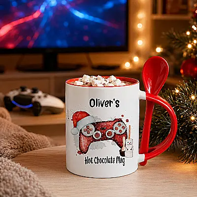 Personalised Gamer Christmas Hot Chocolate Mug with Spoon