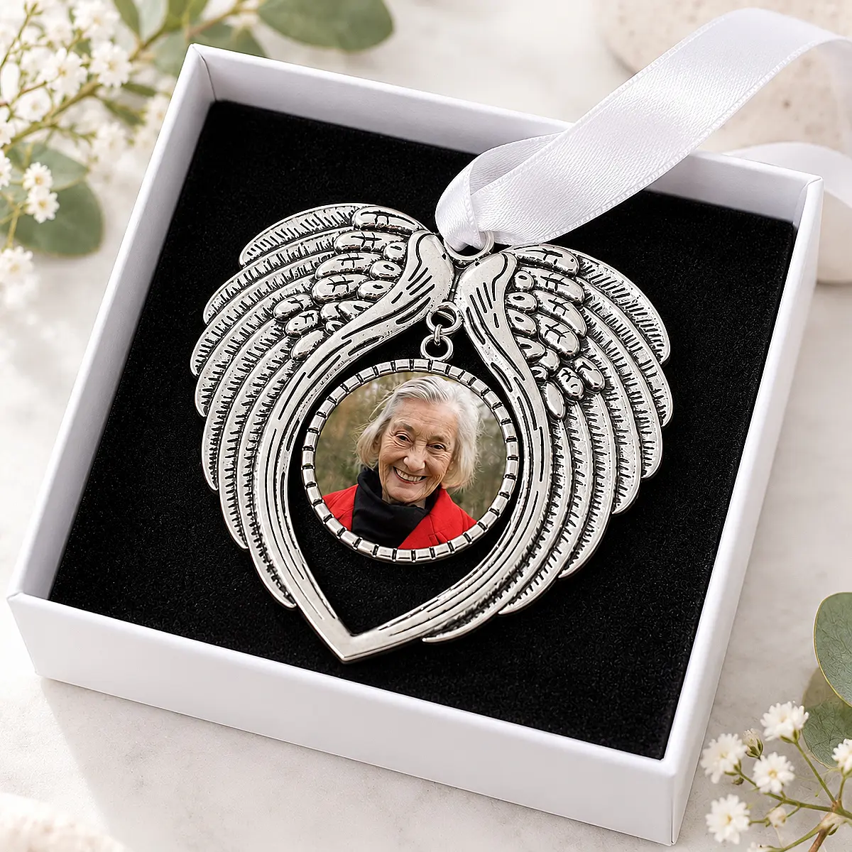 Personalised Memorial Angel Wings Photo Decoration – Remembrance Keepsake