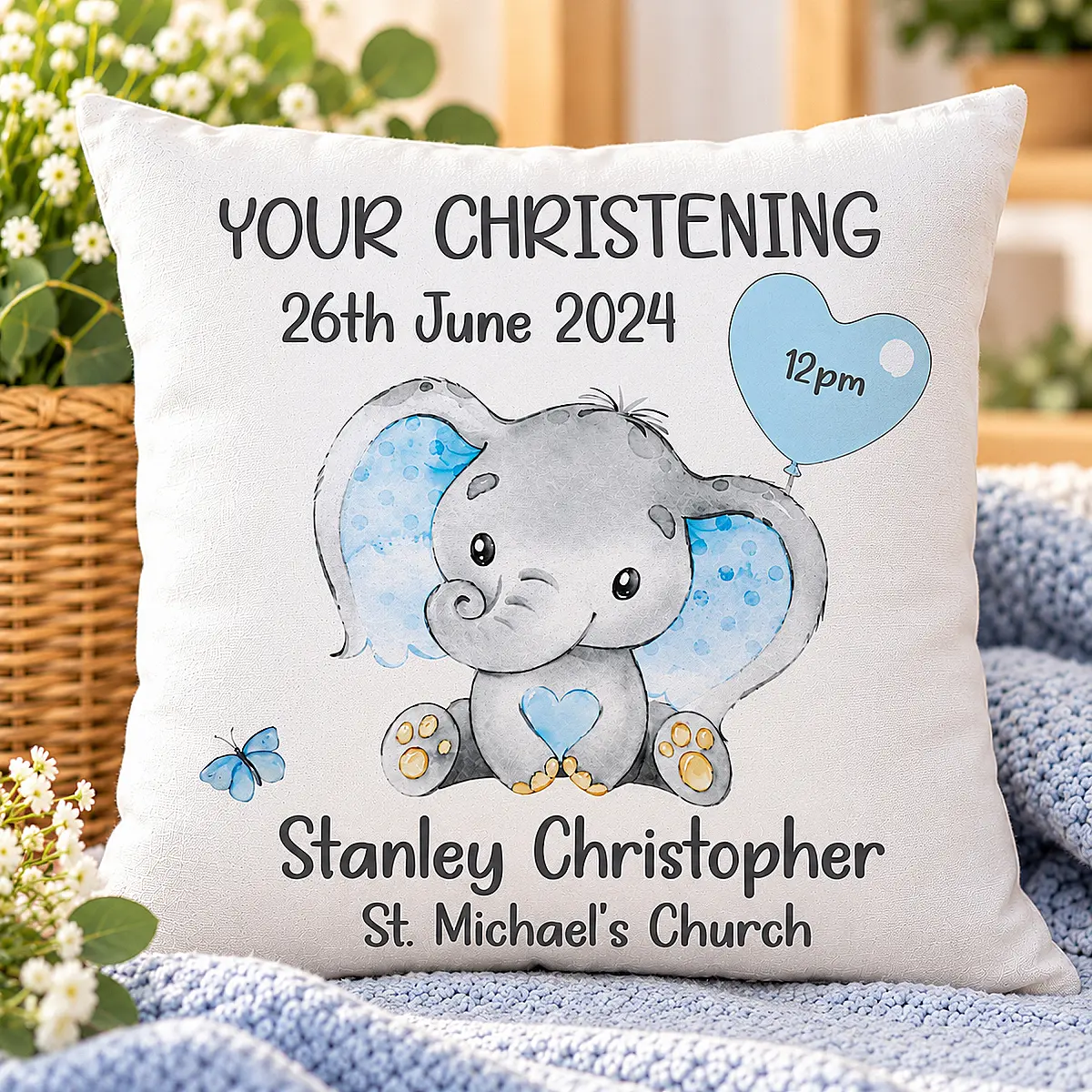 Personalised Elephant Christening, Baptism or Communion Cushion