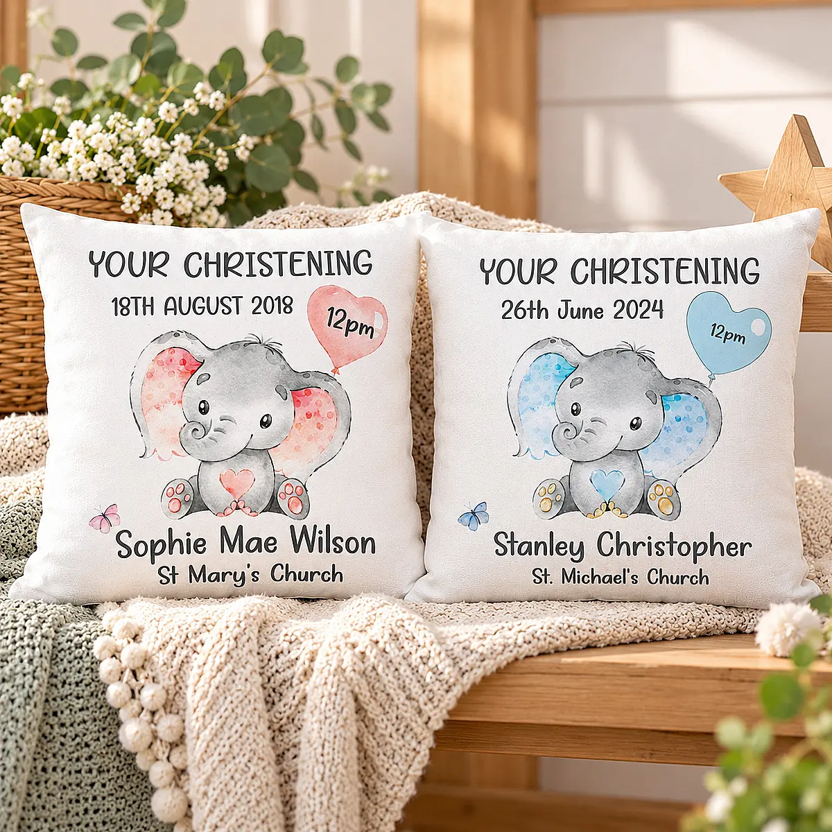 Personalised Elephant Christening, Baptism or Communion Cushion