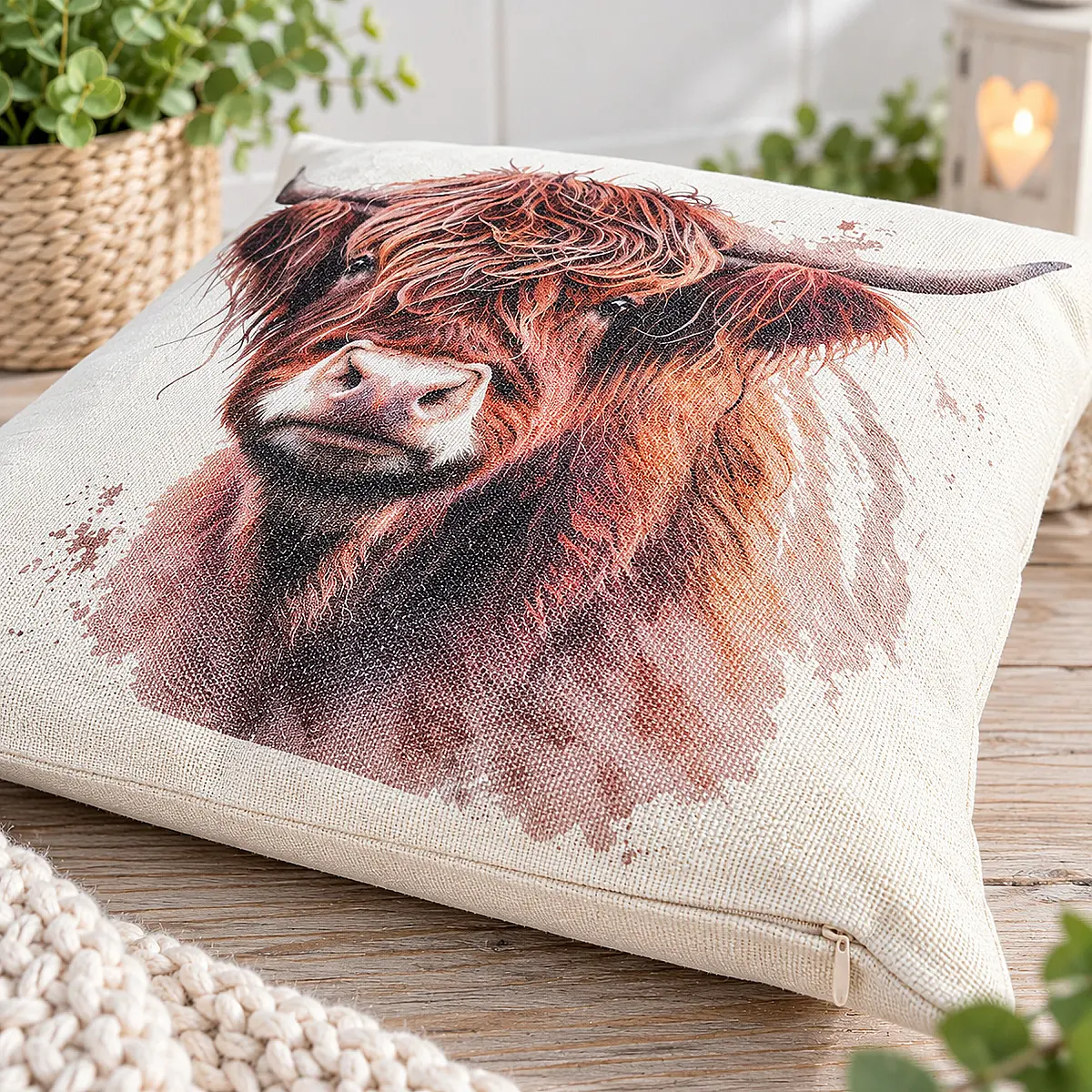 Highland Cow Linen Effect Cushion