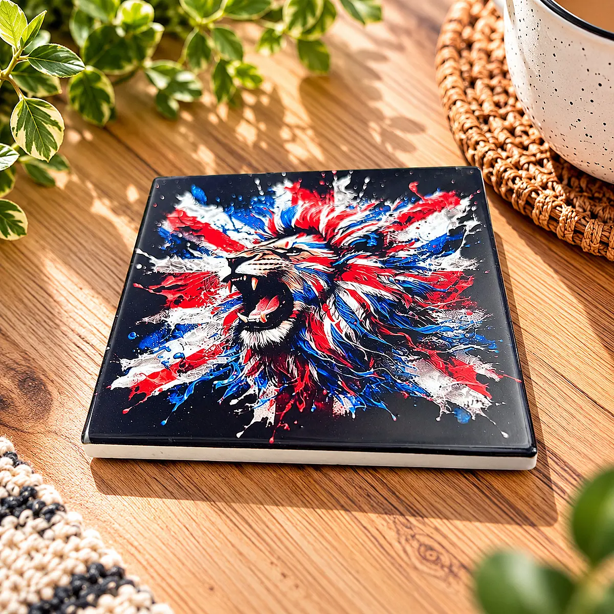 Colourful Roaring Lion Ceramic Coaster – Red, White &amp; Blue