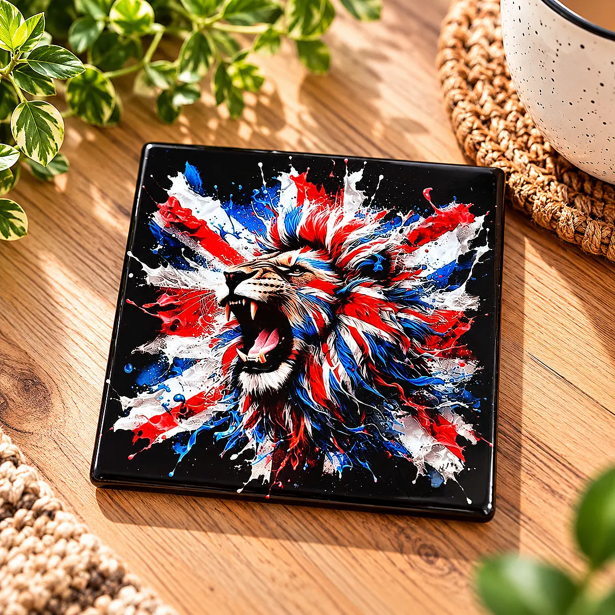 Colourful Roaring Lion Ceramic Coaster – Red, White &amp; Blue