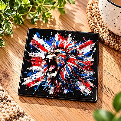 Colourful Roaring Lion Ceramic Coaster – Red, White & Blue