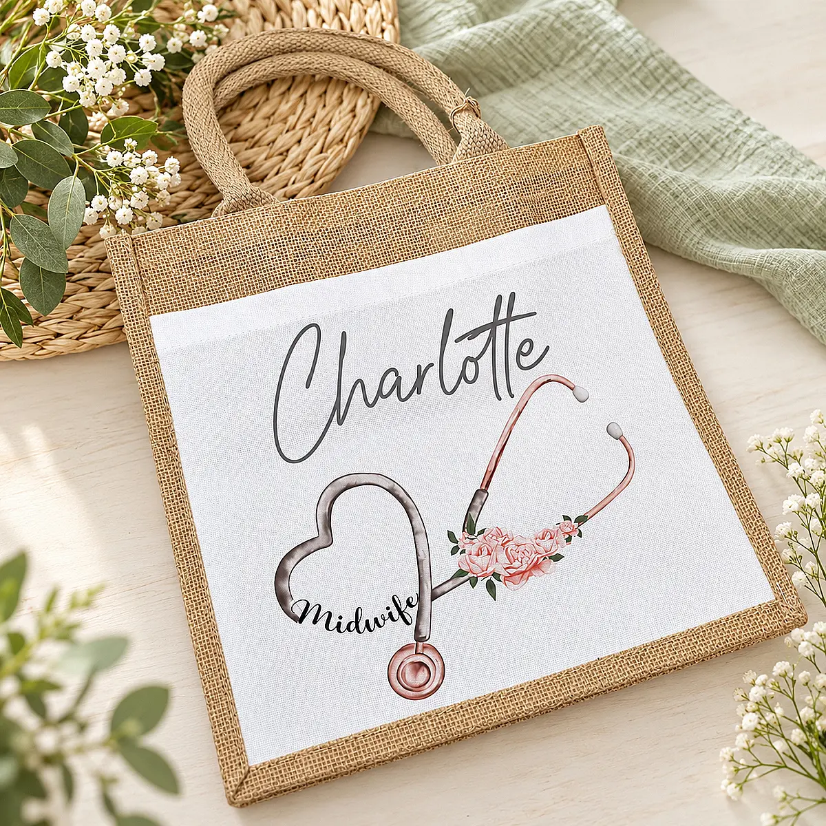 Personalised Midwife Jute Bag – Student or Qualified Midwife
