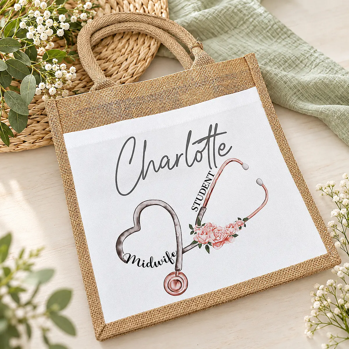 Personalised Midwife Jute Bag – Student or Qualified Midwife