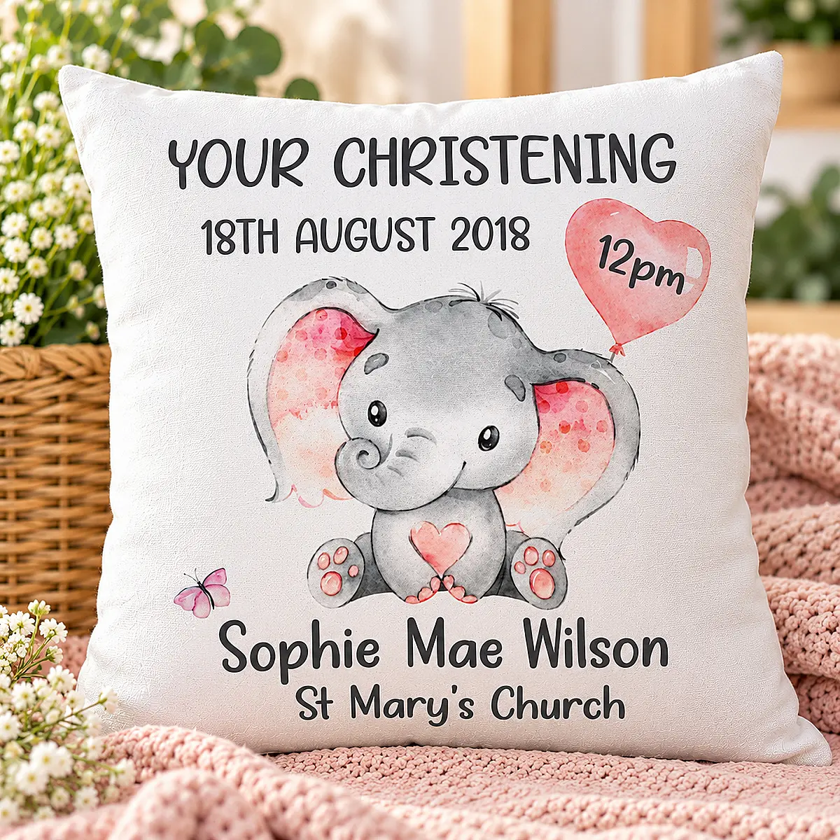 Personalised Elephant Christening, Baptism or Communion Cushion
