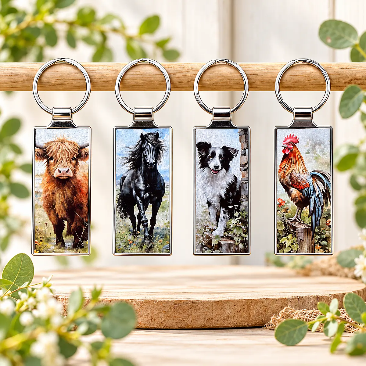Country Animal Keyring – Highland Cow, Horse, Collie, Sheep &amp; Cockerel