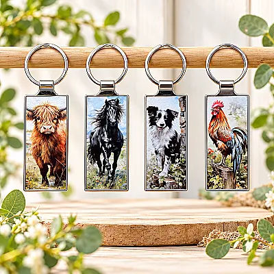 Country Animal Keyring – Highland Cow, Horse, Collie, Sheep & Cockerel
