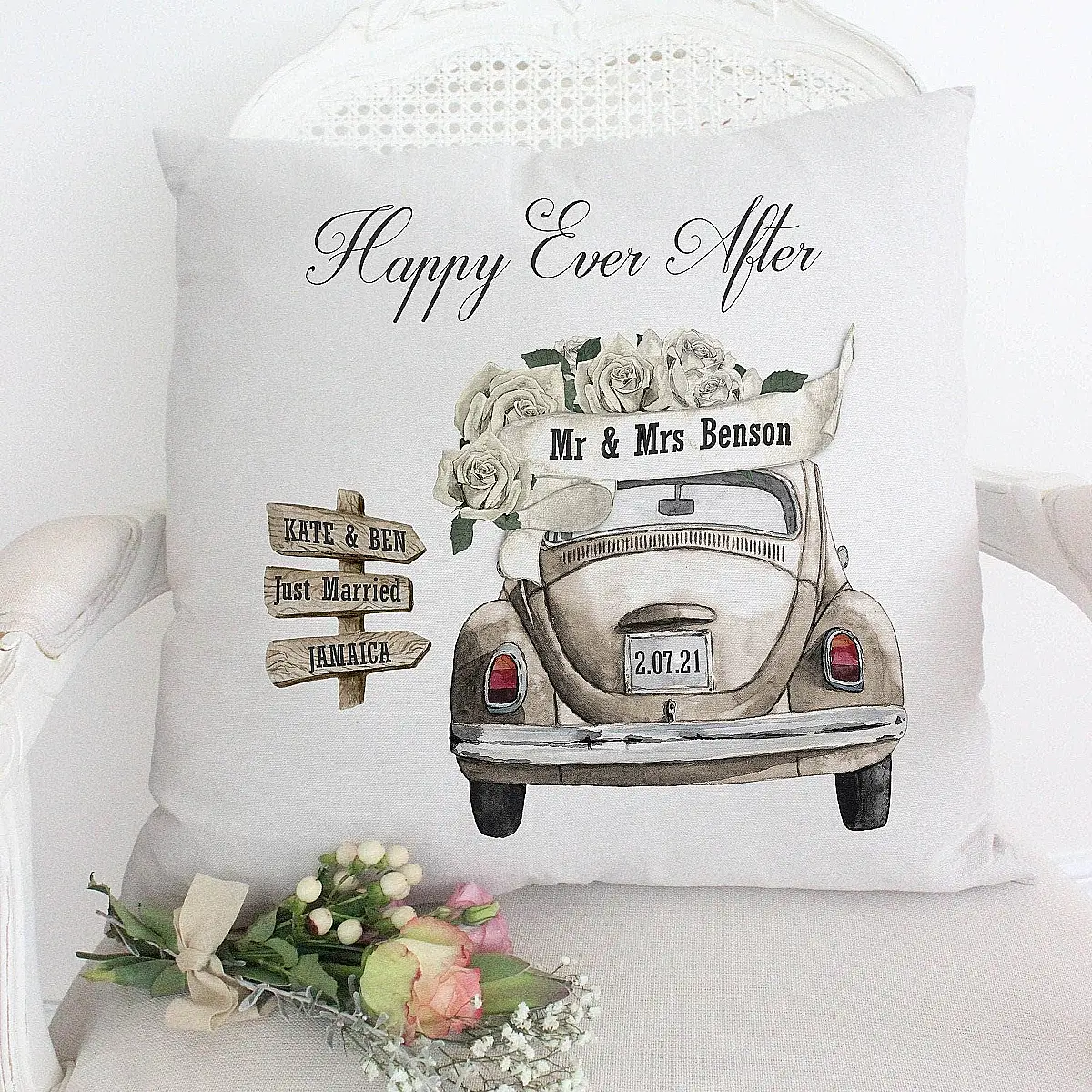 Personalised Wedding Car Cushion – Newlywed Keepsake