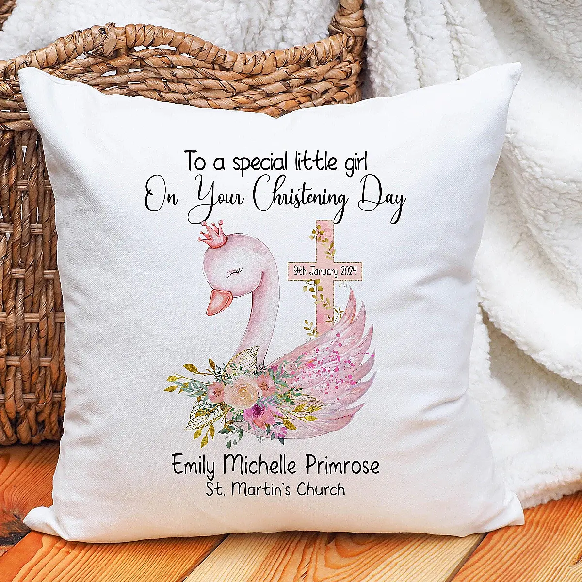 Personalised Christening Swan Cushion