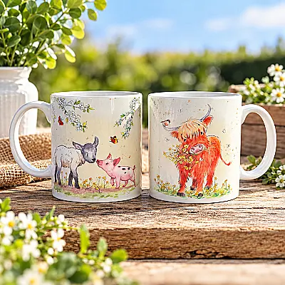 Fine China Country Animal Mug – Highland Cow or Farm Friends