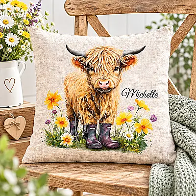 Personalised Highland Cow Cushion – Choose from 4 Designs