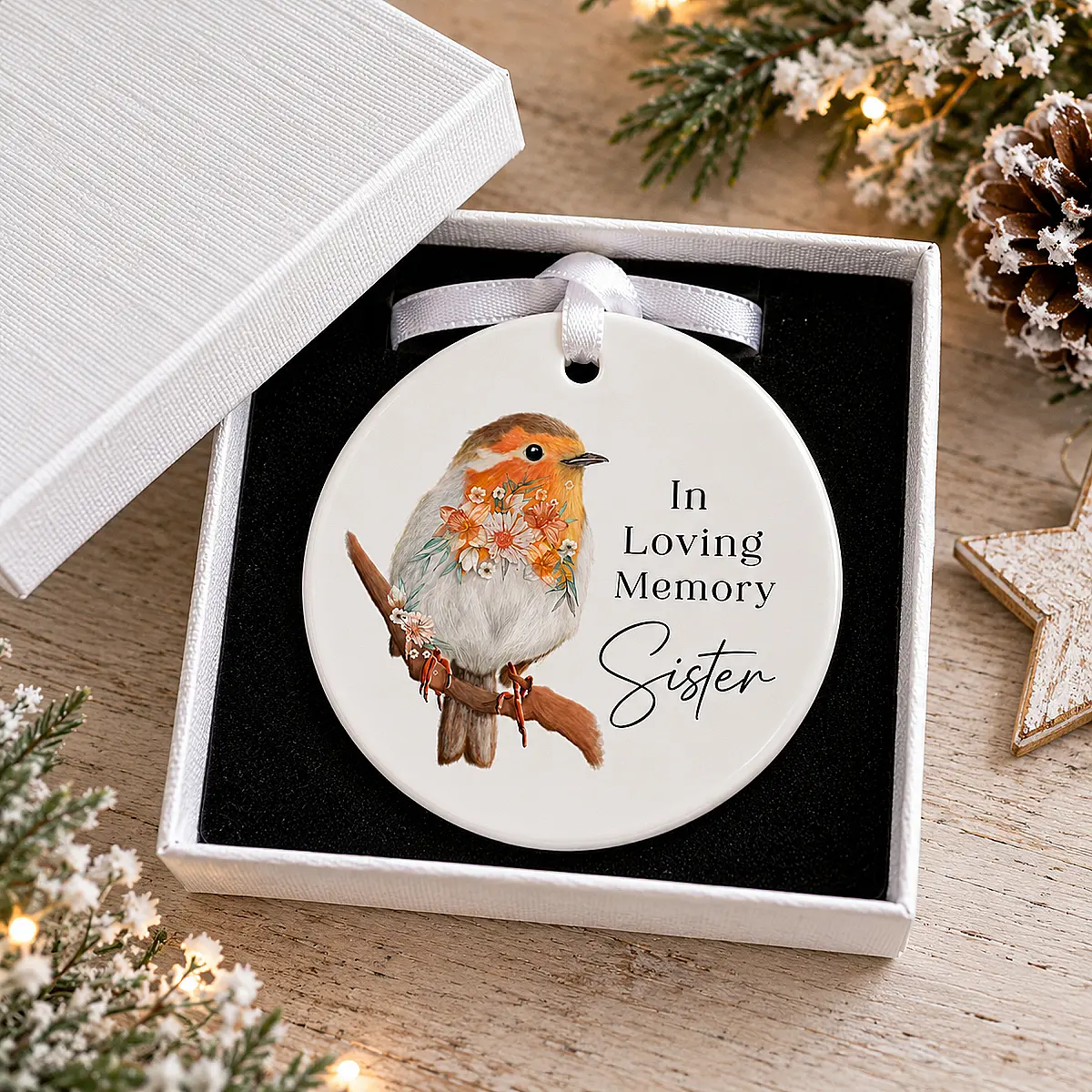 Personalised Robin Memorial Ceramic Decoration – In Loving Memory Christmas Ornament