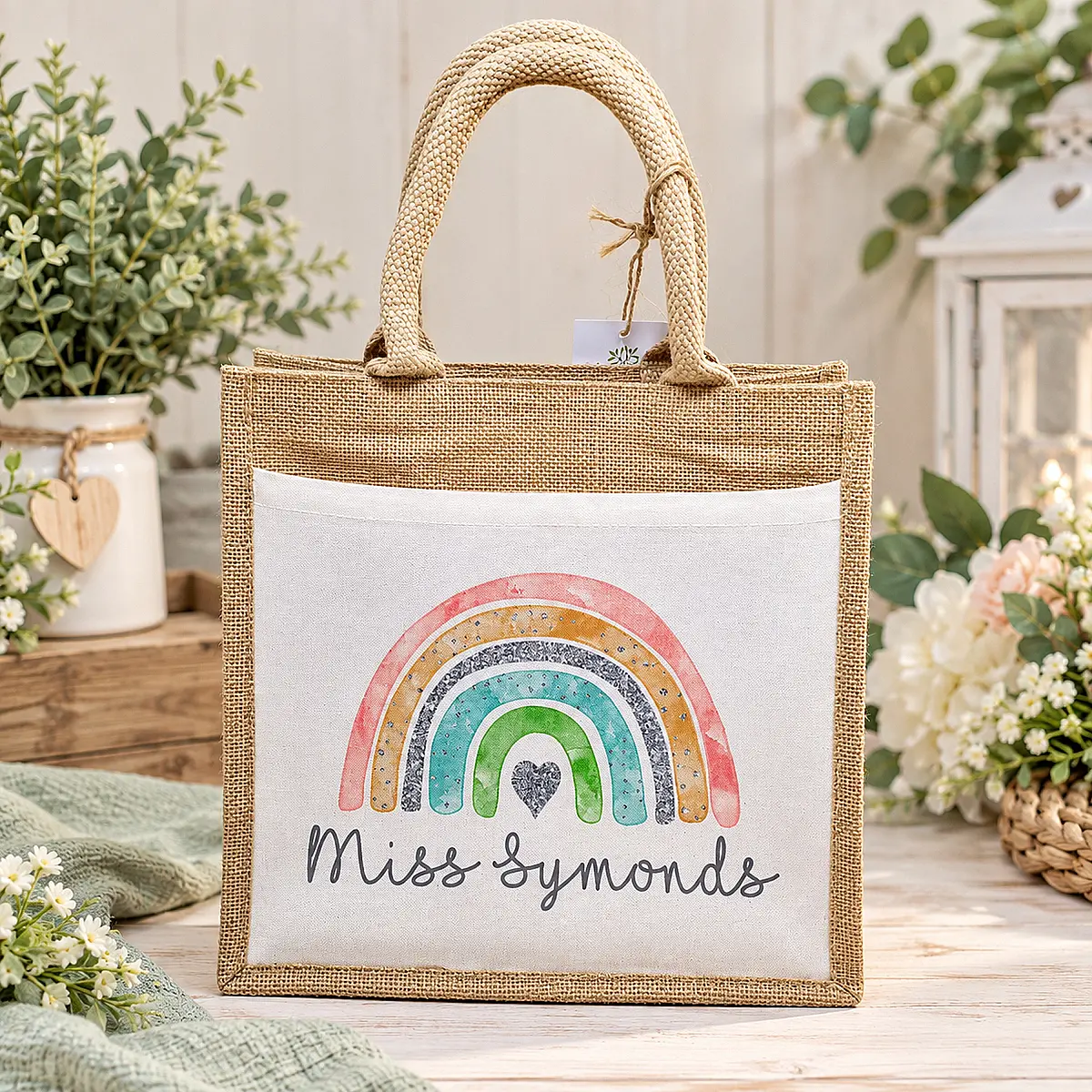 Personalised Rainbow Jute Bag – Any Name – 3 Sizes