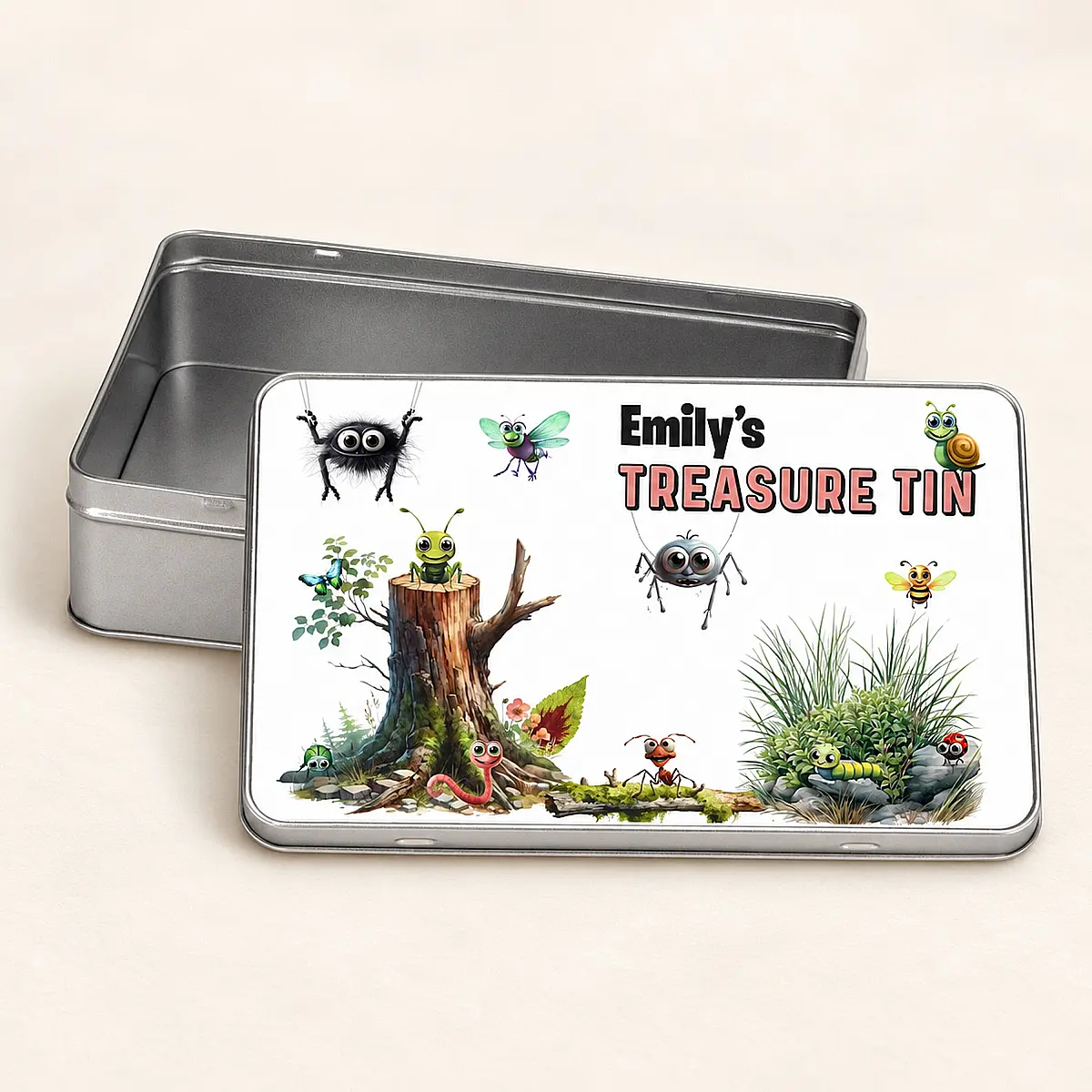 Personalised Children’s Treasure Tin – Woodland Bugs