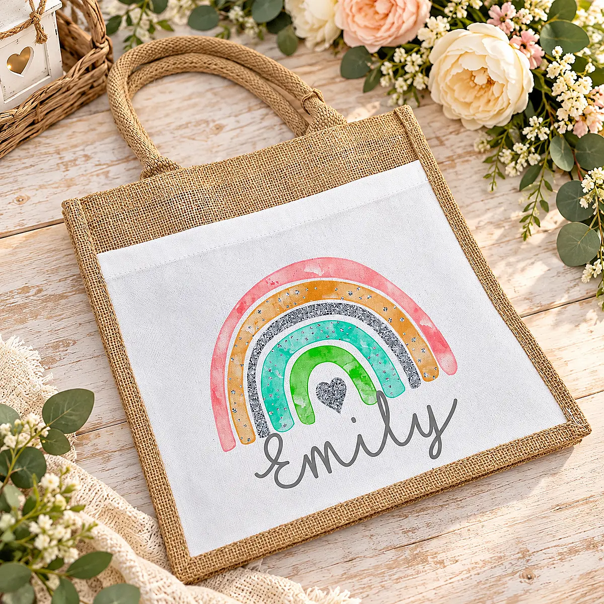 Personalised Rainbow Jute Bag – Any Name – 3 Sizes