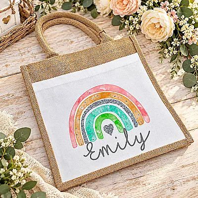 Personalised Rainbow Jute Bag – Any Name – 3 Sizes