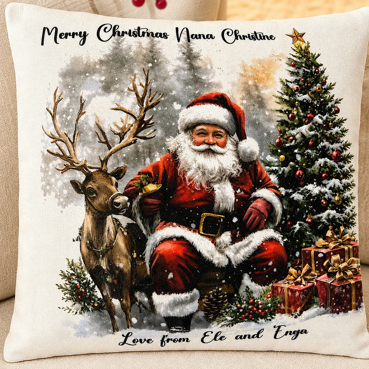 Personalised Santa Christmas Cushion – Red &amp; White