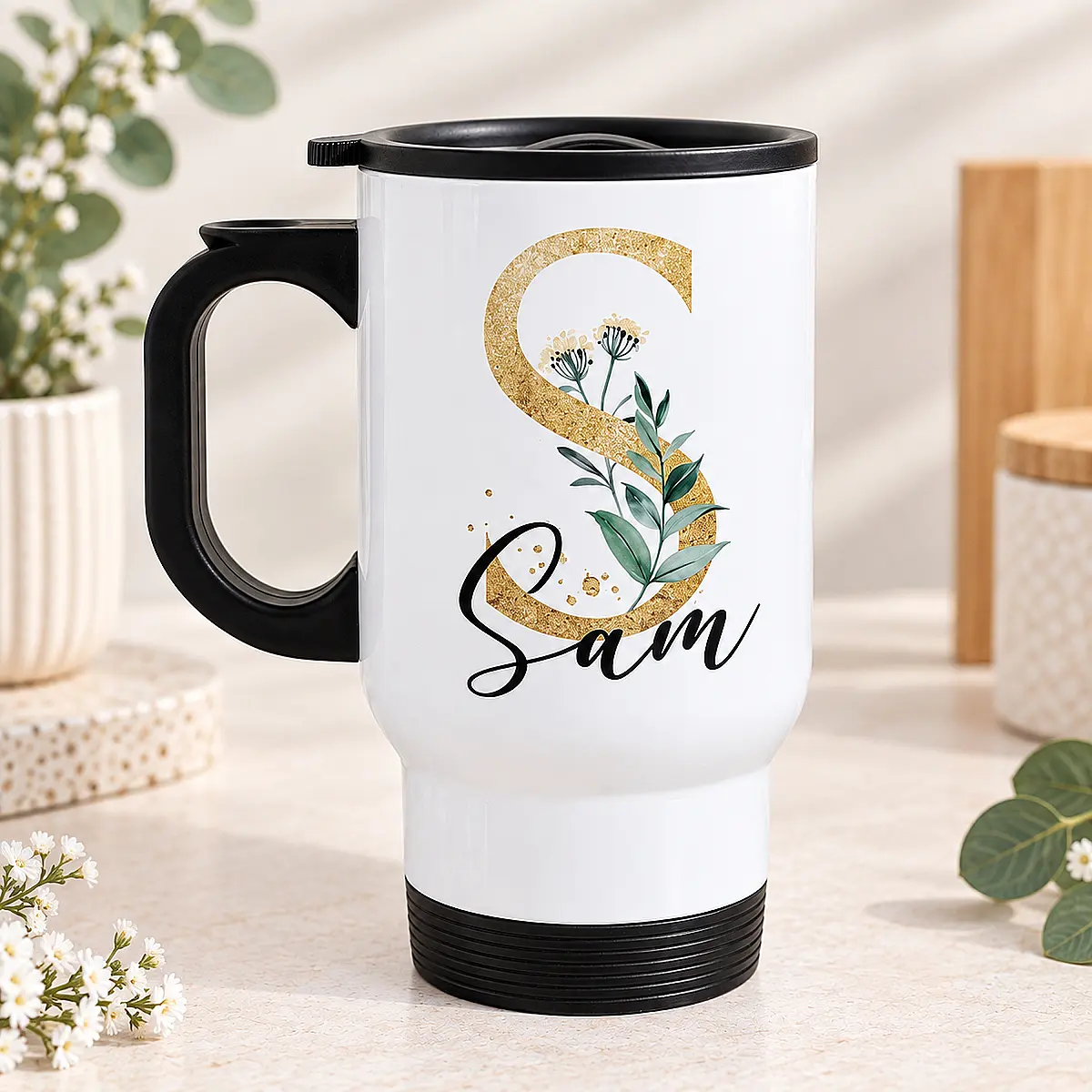 Personalised Floral Initial Travel Mug