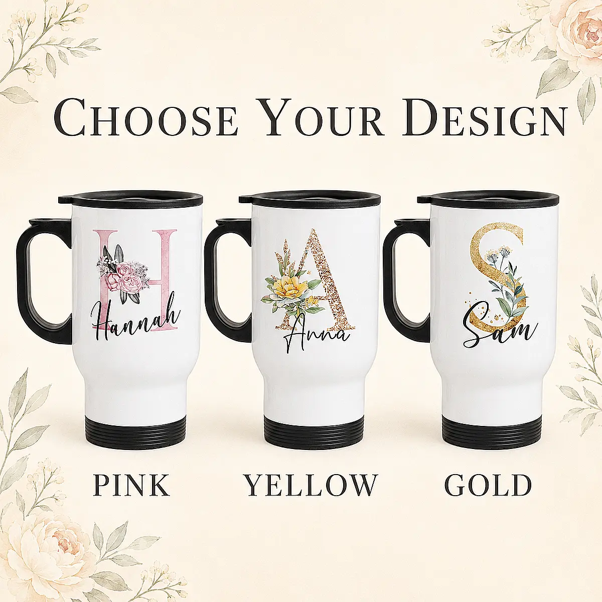 Personalised Floral Initial Travel Mug
