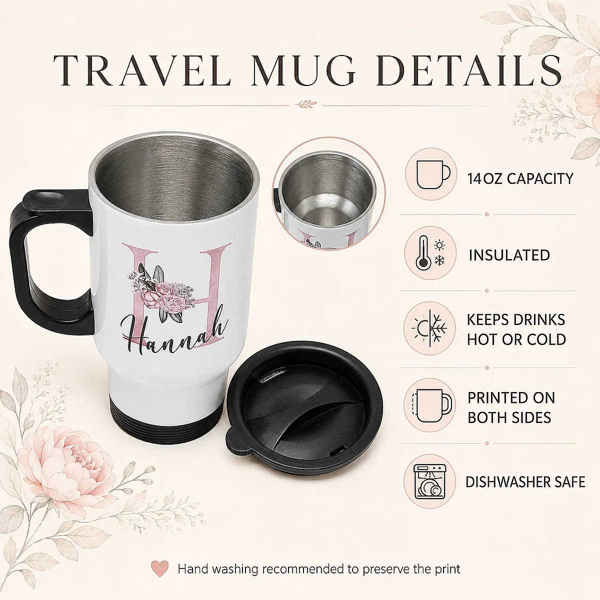 Personalised Floral Initial Travel Mug