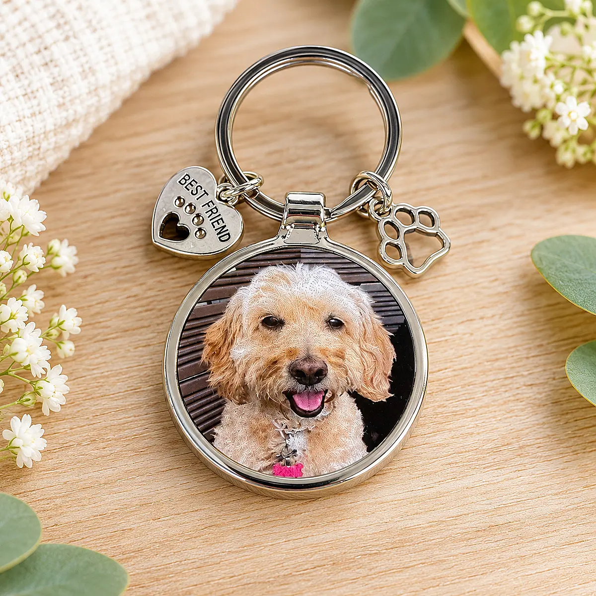 Personalised Pet Photo Keyring with Charms &amp; Gift Box