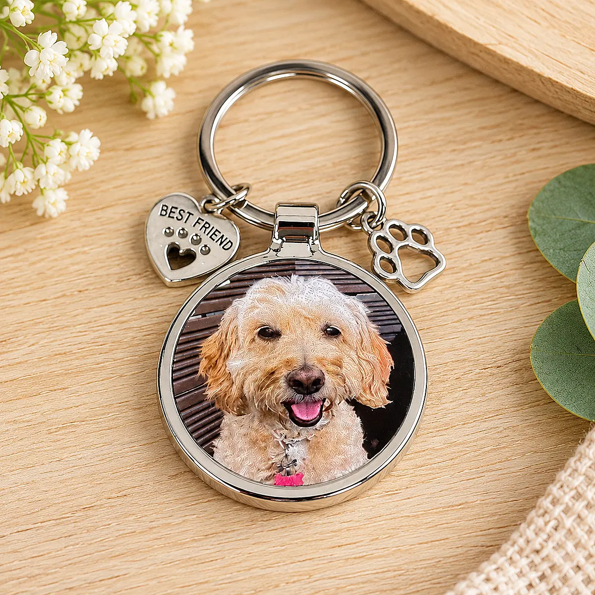 Personalised Pet Photo Keyring with Charms &amp; Gift Box